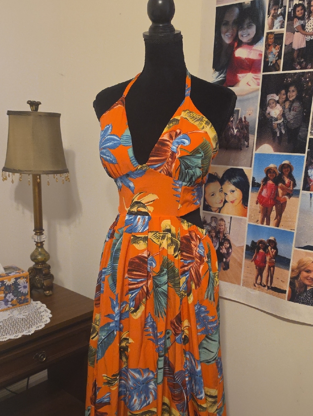 Fashion Nova Orange Tropical Halter Maxi Dress